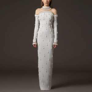 Heavy-duty Pearl Bead And Diamond-embellished Mesh-panel Long Dress