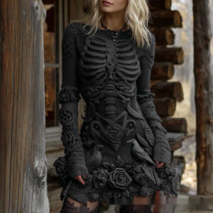 Womens 3D Digital-Print Sweater Dress With Long Sleeves For Halloween