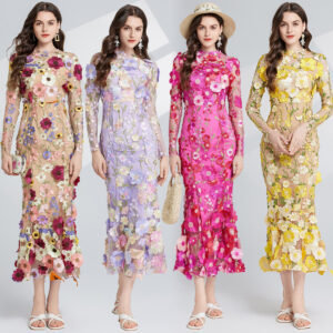 Dress Elegant Embroidered 3D Flower Design, Defined Waistline Long Sleeves